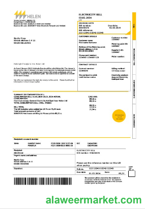 Finland HELEN business utility bill template in Word and PDF formats